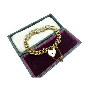 Antique Gold on Brass Turquoise & Pearl Heart Padlock Bracelet