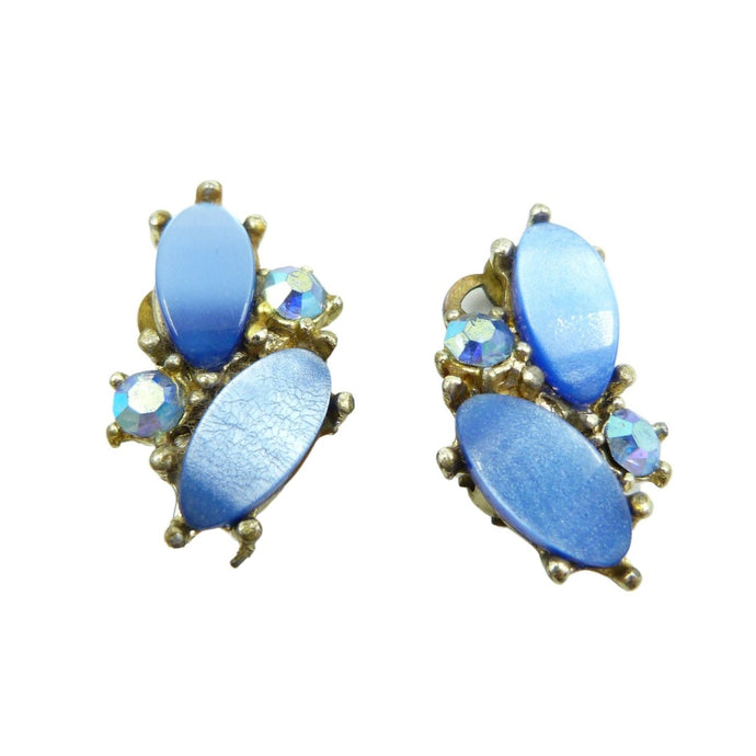 Vintage Blue Rhinestone Clip On Earrings