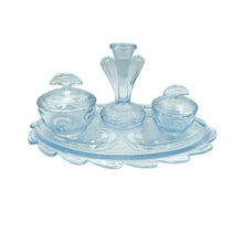 Load image into Gallery viewer, A lovely vintage Art Deco light blue glass dressing table vanity set comprising of a pressed glass tray, two lidded trinket bowls and two candlestick holders.  The set is made by Bagley &amp; co in the Rutland pattern.  