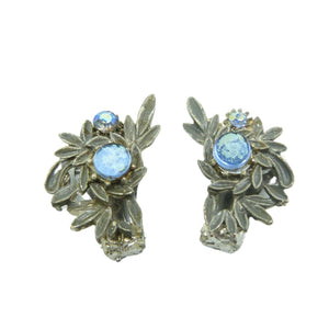 Vintage Blue Rhinestone Leaf Clip On Earrings