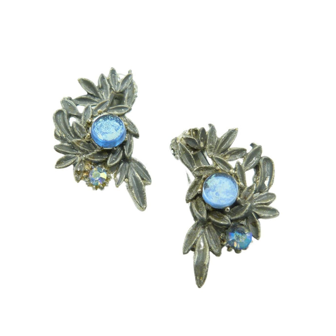 Vintage Blue Rhinestone Clip On Earrings