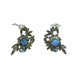 Vintage Blue Rhinestone Leaf Clip On Earrings