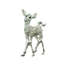Load image into Gallery viewer, A pretty vintage brooch made of silver white metal set with crystal clear rhinestones in a cute deer design. 
