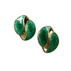 Vintage David Andersen Green Guilloche Enamel Leaf Earrings