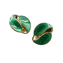 Load image into Gallery viewer, A beautiful pair of vintage David Andersen of Norway clip on earrings made of sterling silver gilt with a green guilloche enamel leaf design.