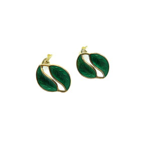 Vintage David Andersen Green Guilloche Enamel Leaf Earrings