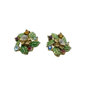 Vintage Multi Coloured Rhinestone Flower Clip On Earrings