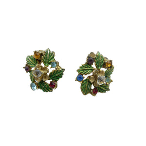 Vintage Multi Coloured Rhinestone Flower Clip On Earrings