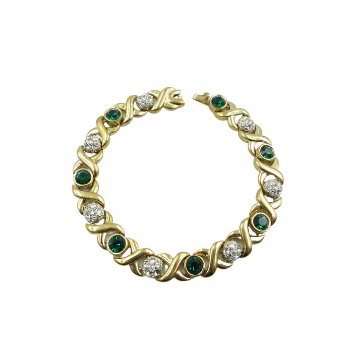 Vintage Gold Green & Clear Crystal Rhinestone Link Bracelet