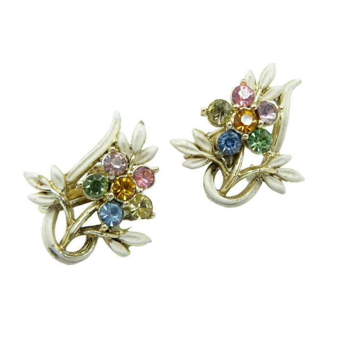 Vintage Jewelcraft Enamel Rhinestone Clip On Earrings