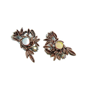 Vintage Red Rhinestone Leaf Clip On Earrings