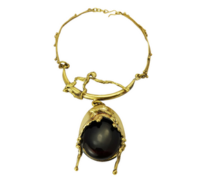 Vintage Brutalist Brass Garnet Glass Necklace & Earrings