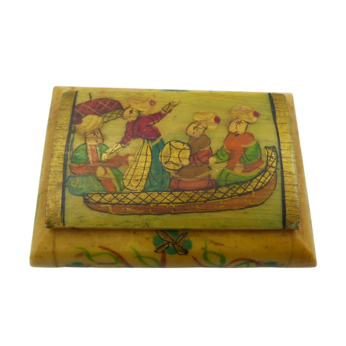 An antique carved bovine bone pill box with a traditional Persian folk art hand painted scene. 