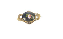 Load image into Gallery viewer, Antique Victorian Pinchbeck &amp; Black Enamel Hand Painted Floral Mourning Brooch