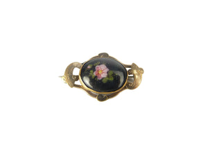 Antique Victorian Pinchbeck & Black Enamel Hand Painted Floral Mourning Brooch