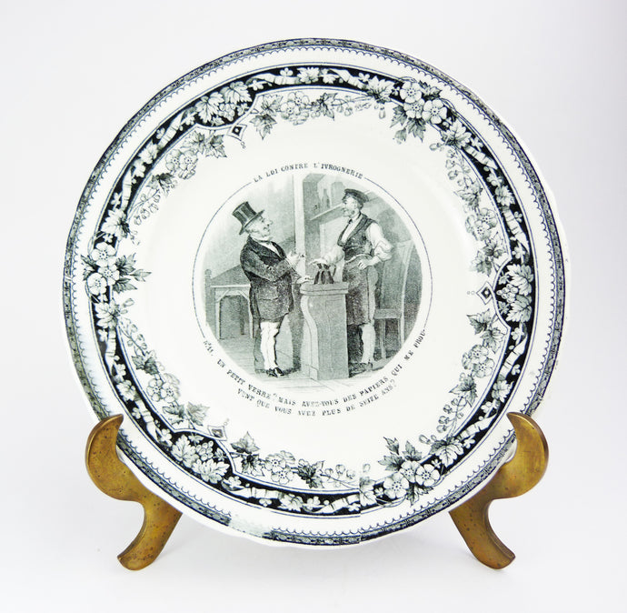 Antique Jules Vieillard & Cie Bordeaux French Black Transferware Porcelain Plate
