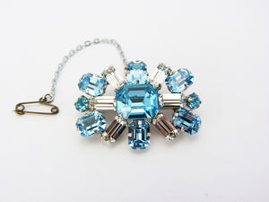 Art Deco Czech Blue & Clear Glass Brooch Pin