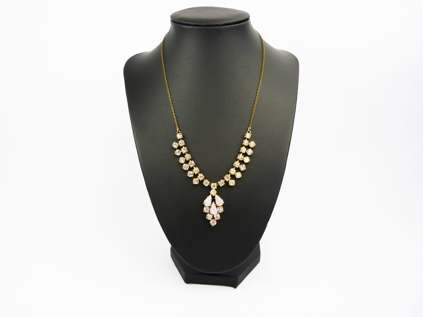 Vintage Pink Opal & Crystal Rhinestone Necklace