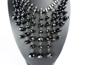 Art Deco Style Black Glass Bead Crystal Rhinestone Bib Collar Necklace