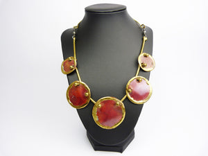 Vintage Modernist Brutalist Copper & Brass Red Enamel Hammered Disc Necklace & Earrings
