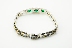 Art Deco Style Silver 925, Marcasite & Green Chalcedony Bracelet