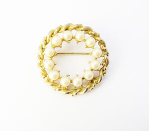 Gold Tone & Faux Pearl Circular Brooch