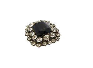 Large Vintage Black Glass & Clear Paste Rectangular Brooch