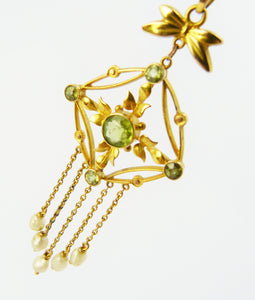 Art Nouveau Belle Epoque 9CT Gold, Peridot & Pearl Pendant Necklace - Barnet Henry Joseph