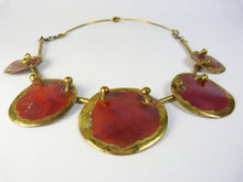 Load image into Gallery viewer, Vintage Modernist Brutalist Copper &amp; Brass Red Enamel Hammered Disc Necklace &amp; Earrings