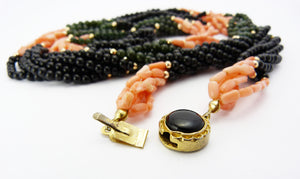 Black Onyx, Coral & Jade Torsade Necklace