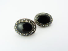 Load image into Gallery viewer, Silver Marcasite &amp; Black Clip On Earrings