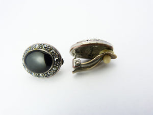 Silver Marcasite & Black Clip On Earrings
