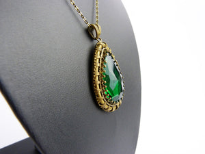 Art Deco Brass & Czech Green Glass Necklace