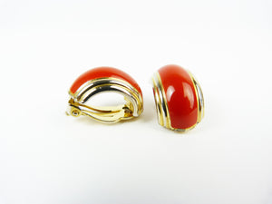 Vintage Gold Tone & Red Enamel Hoop Clip On Earrings
