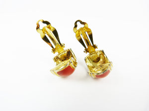 Vintage Gold Tone & Red Enamel Hoop Clip On Earrings