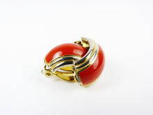 Load image into Gallery viewer, Vintage Gold Tone &amp; Red Enamel Hoop Clip On Earrings