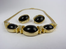 Load image into Gallery viewer, Vintage Gold Tone &amp; Black Enamel Necklace and Earrings
