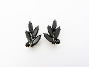 Vintage Black Navette Rhinestone Flower Clip on Earrings