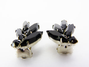Vintage Black Navette Rhinestone Flower Clip On Earrings