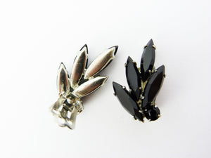 Vintage Black Navette Rhinestone Flower Clip On Earrings