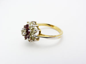 Vintage Crystal & Red Stone Cluster Cocktail Ring Size P