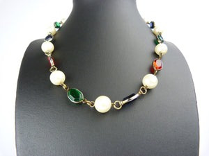 Vintage Faux Pearl Blue, Red & Green Glass Necklace
