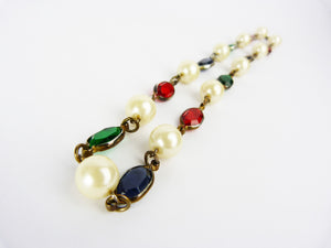 Vintage Faux Pearl Blue, Red & Green Glass Necklace