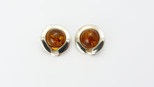 Load image into Gallery viewer, Vintage Modernist Sterling Silver &amp; Amber Clip On Earrings - Minimalist Silver Baltic Amber Round Earrings