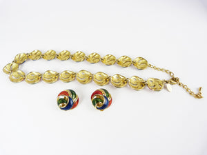 Vintage Fontaine 18 Carat Gold Plated Blue, Red & Green Enamel Bracelet and Earrings