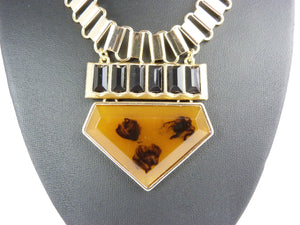 Vintage 1980's Gold Tone, Black & Brown Stone Statement Necklace