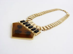 Vintage 1980's Gold Tone, Black & Brown Stone Statement Necklace