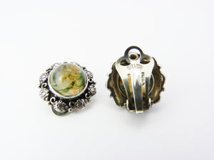 Vintage Silver & Dendritic Moss Agate Clip On Earrings