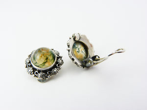 Vintage Silver & Dendritic Moss Agate Clip On Earrings