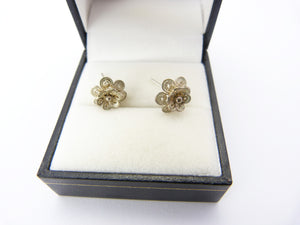 Vintage Sterling Silver Filigree Rose Flower Stud Earrings